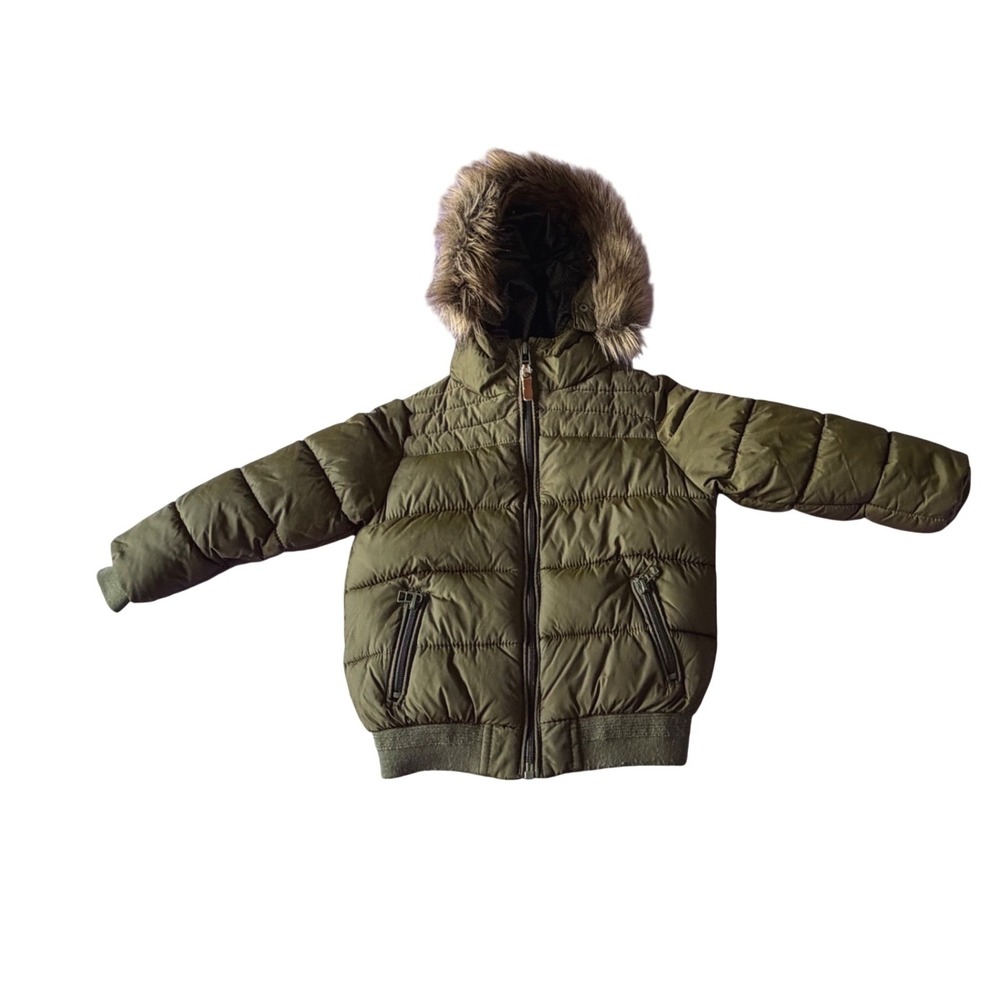 Zara Boys Olive Green Puffer Jacket Faux Fur Hood Quilted Winter Coat Size 4 104